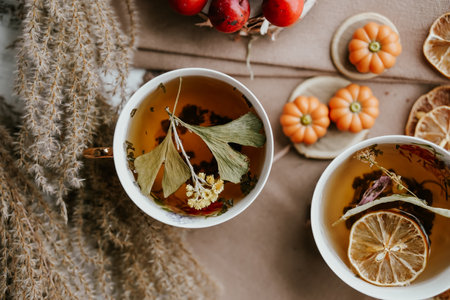 Two cups of tea with dry tea leaves, dried flowers, pumpkins and autumn leavesの写真素材