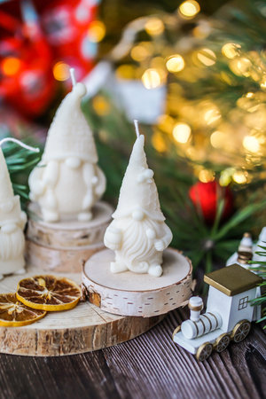 Christmas Decoration, Candles and Christmas Tree on Wooden Background.の写真素材