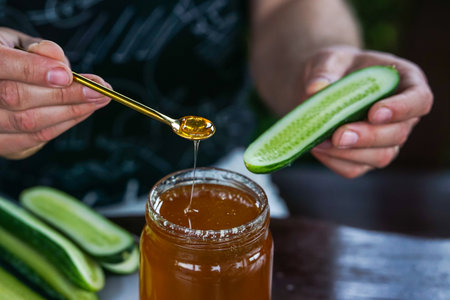 Close-up of male hands pouring honey from jar on cucumberの写真素材