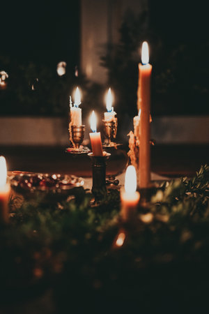 Candles in the church. Vintage style. Selective focus.の写真素材