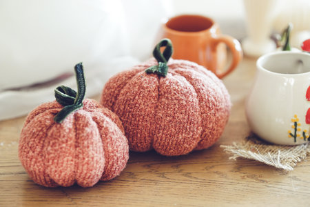 Autumn still life with pumpkins and cup of tea on wooden backgroundの写真素材