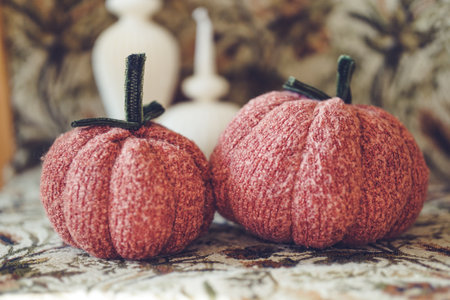 Handmade knitted pumpkinsの写真素材
