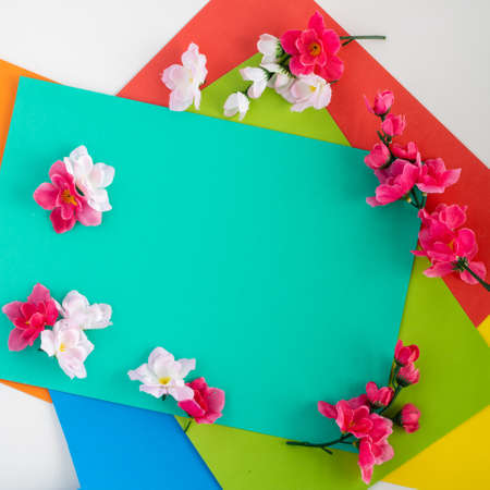 Colorful full background image with various rectangular cardboard, flowers on it, pink, white, soft...