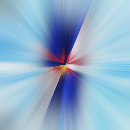 Icy sharp, sky and dark blue with red elements in the center. Image radiant, like a star. An...