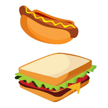 Junk Food Hotdog and sandwich isolated, doodle styleのイラスト素材