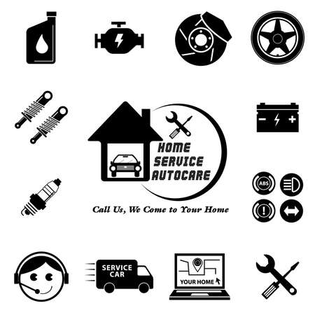 Car service maintenance icon set (Home Service Auto Care / Call Us, We come to your Home or apartment) illustration, easy to modifyのイラスト素材