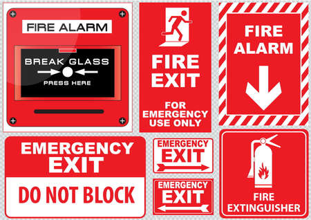 Set of Fire Alarm fire alarm break glass press here fire exit for emergency use only emergency exit do not block fire extinguisher easy to modifyのイラスト素材