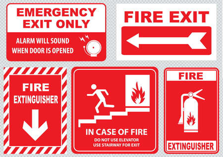 Set Of Fire Alarm fire exit emergency exit only alarm will sound when door is opened fire extinguisher do not use elevator use stairway in case of fire. easy to modify.のイラスト素材