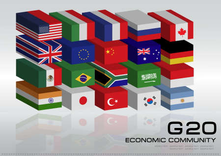 G20 country in 3D flags style with dotted world map or flags of the world economic G20 country flag illustrationのイラスト素材