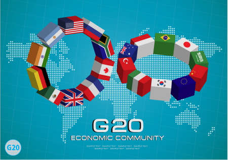 G20 country in 3D flags style with dotted world map or flags of the world economic G20 country flag illustrationのイラスト素材