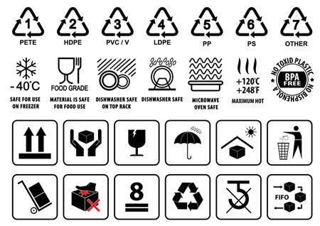 Plastic recycling symbols tableware sign and Packaging or cardboard Symbols illustration.のイラスト素材