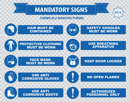 Chemicals Manufacturing Mandatory Signs face shield must be worn use anti bacterial hand laboratory coal foot wash respirator breathing apparatus gloves boots hair clothing anti corrosiveのイラスト素材