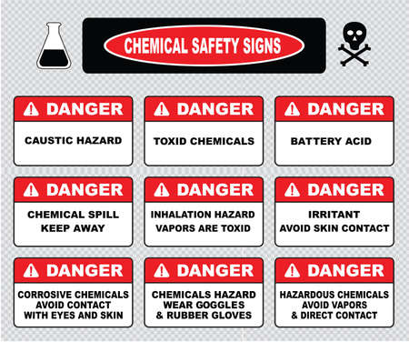 Chemical safety signs caustic hazard toxcid chemicals battery acid chemical spill inhalation hazard vapors toxcid irritant avoid skin contact corrosive wear goggles rubber gloves hazardous.のイラスト素材