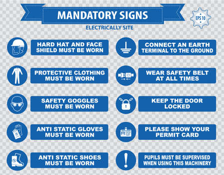 Construction Site Mandatory Signs face shield hard hat must be worn high visibility vest safety goggles pedestrian walkway gloves boots all accidents must report bind intersection sound hornのイラスト素材