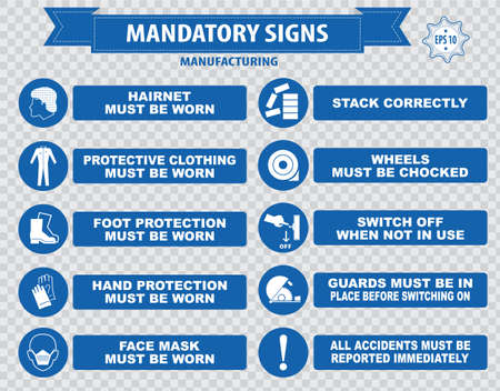 mandatory signs construction health safety sign used in manufacturing applications safety helmet gloves ear protection eye protection foot protection sound horn id card maskのイラスト素材