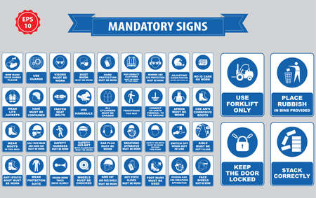 mandatory signs, construction health, safety sign used in industrial applications safety helmet, gloves, ear protection, eye protection, foot protection, hairnet, respirator, mask, antistatic, apronのイラスト素材