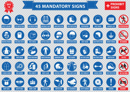 mandatory signs, construction health, safety sign used in industrial applications safety helmet, gloves, ear protection, eye protection, foot protection, hairnet, respirator, mask, antistatic, apronのイラスト素材