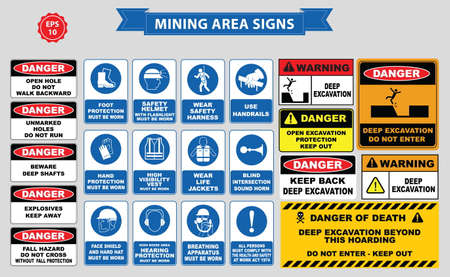 Mining mandatory sign (safety helmet with flashlight must be worn, use handrails, dust mask, breathing apparatus, goggles, hearing protection, fasten seat belts, sound horn)のイラスト素材