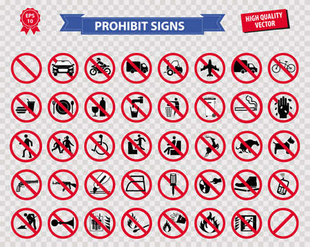 set of prohibited sign ( do not smoking, no drinking and eating, do not litter, no entry, no cellular phone, car prohibit sign, motorcycle prohibit sign, bicycle prohibit sign ) easy to modifyのイラスト素材