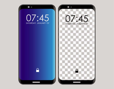 smartphone with two device, transparent mode. clear display with blue gradient and shine edge. easy to modifyのイラスト素材