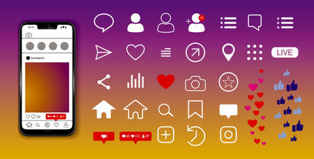 set of smartphone with social media icon in cute design. (smartphone with social media application, with various icon and layout in use) easy to modifyのイラスト素材