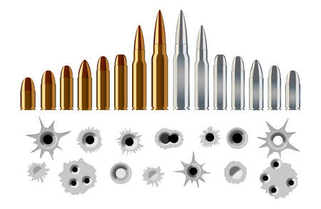 set of bullet shot holes and types of rifle pistol ammunition in gold and silver color. easy to modifyのイラスト素材
