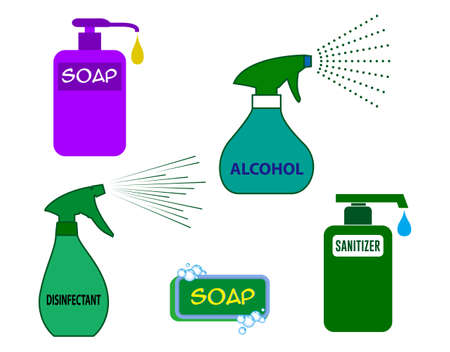 set of cleansing germ and virus concept or sanitize dispenser, alcohol spray,   disinfectant spray, anti-bacterial soap to prevent spread virus and germ. eps   10 easy to modifyのイラスト素材