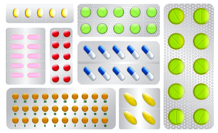 set of different pills medicine tablets or realistic pills vitamins capsule pharmaceutical or colorful pills medical healthcare pharmacy concept. eps 10 vector, easy to modifyのイラスト素材