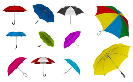 set of realistic umbrella in various type or mock up black and white umbrella closeup or outdoor parasol protection weather waterproof material concept. eps 10 vector, easy to modifyのイラスト素材