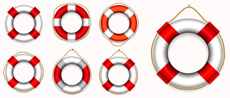 set of various lifebuoy isolated or lifeguard rescue equipment or safety beach worker with life jacket concept. eps 10 vector, easy to modifyのイラスト素材