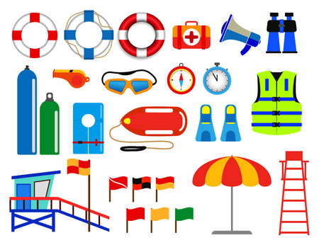 set of various lifebuoy isolated or lifeguard rescue equipment or safety beach worker with life jacket concept.のイラスト素材