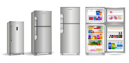 set of realistic refrigerator with one door or open refrigerator with two doors full of food vegetable meat fish or fridge refrigerator mockup.のイラスト素材