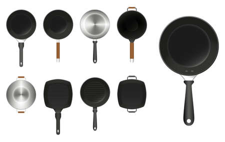 set of frying pan kitchen utensil or aluminium flat frying pan or realistic stainless steel flat cooking pan concept. eps 10 vector, easy to modifyのイラスト素材