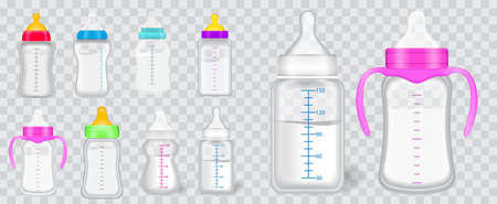 set of flat baby silicone pacifier or new born babies silicone pacifier or milk bottle plastic or newborn bottle milk concept. eps 10 vector, easy to modifyのイラスト素材