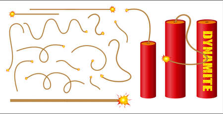 set of realistic dynamite with burning wick or realistic bomb firecrackers or red bomb  fireworks with burning fuse.   vector, easy to modifyのイラスト素材