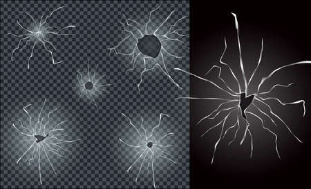 set of broken glass cracks or bullets holes marks or scratches on glass textured dark or police gun bullets in crime case.のイラスト素材