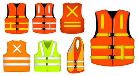 set of protective construction wear or vest jacket safety or professional vest construction uniform or yellow vest jacket safety equipment.のイラスト素材