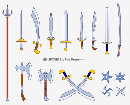 set of realistic warrior sword or cross swords shield or axe sword cartoon shield concept.のイラスト素材