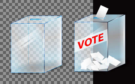 set of realistic vote box or glass ballot box transparent or realistic voting paper inserted to vote box concept. eps vectorのイラスト素材