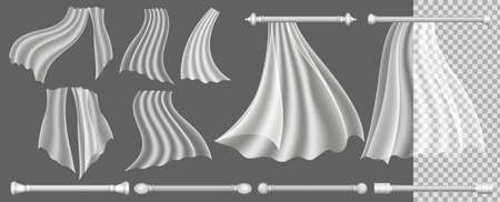 set of realistic window curtain or flying curtains silk hanging with luxury stick isolated or mock up interior decorative design concept. eps vectorのイラスト素材