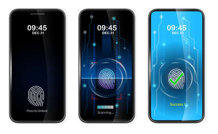 set of realistic finger scan access on mobile phone or scanning finger on smartphone to unlock...