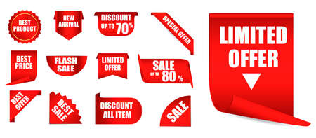 set of realistic price tag isolated or mock up blank red labels offer collection or template ribbon banner sale concept. eps vectorのイラスト素材