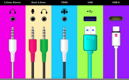set of realistic audio connectors isolated or various audio jack plug for sound system or usb...