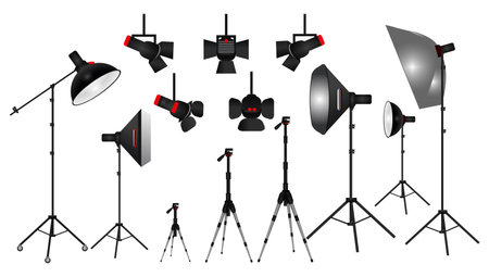 set of realistic photo studio white blank background isolated or set up photo scene with soft box light or modern lightning equipment for professional photography concept. eps vectorのイラスト素材