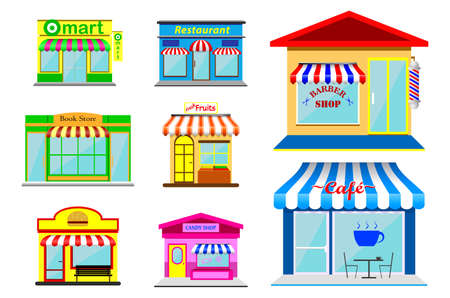 set of realistic awning tents isolated or striped awning sunshade or front store with awning vintage style or flat design kiosk commercial concept.のイラスト素材