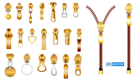 set of realistic zipper for clothes isolated or gold luxury zipper garment or zipper metal fastener fashion concept. eps vectorのイラスト素材