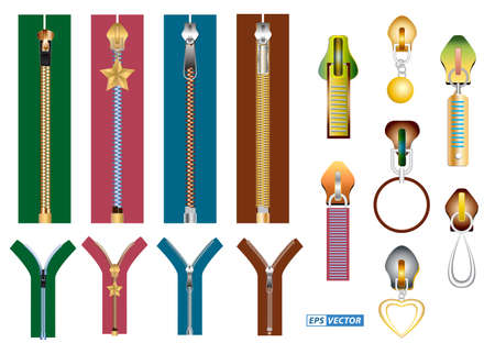 set of realistic zipper for clothes isolated or gold luxury zipper garment or zipper metal fastener fashion concept. eps vectorのイラスト素材