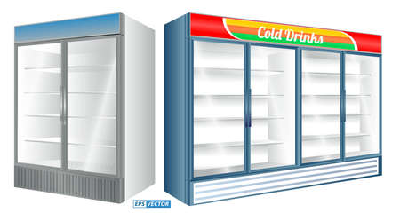 set of realistic refrigerator showcase isolated or commercial refrigerator cooling drinks fridge freezer or showcase transparent glass refrigerator. eps vectorのイラスト素材