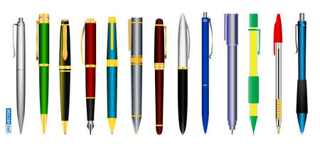 set of realistic pens isolated or various fountain pens and spring mechanical pens or office stationery collection and back to school concept. eps vectorのイラスト素材