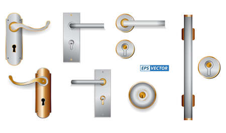 set of realistic handle door wooden isolated or modern handle door style with key or golden luxury door key. epsのイラスト素材